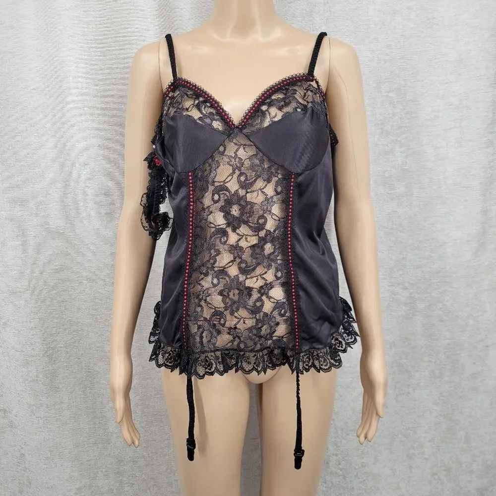 Vintage Black Lace Camisole Teddy Lingrie with Garters Garter Belt Red Accents